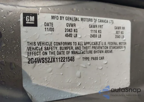 2001 Buick Century Custom z USA, uszkodzony, nr VIN 2G4WS52JX11221548